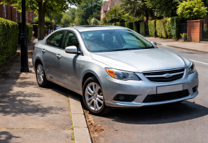 Silver car with back drivers side wheel on pavement